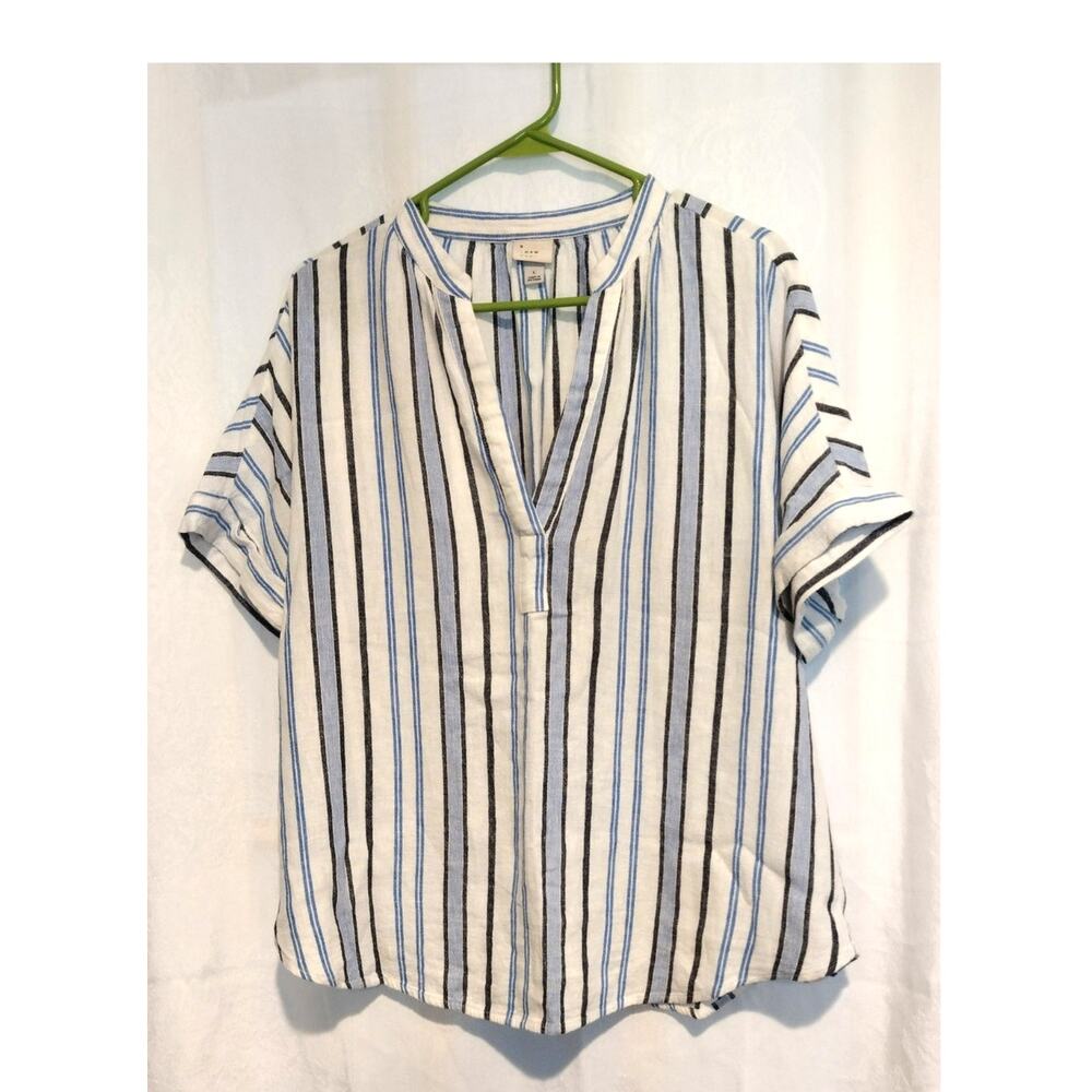A New Day Large Linen Blouse White Blue Striped Split V-Neck Nautical Coastal